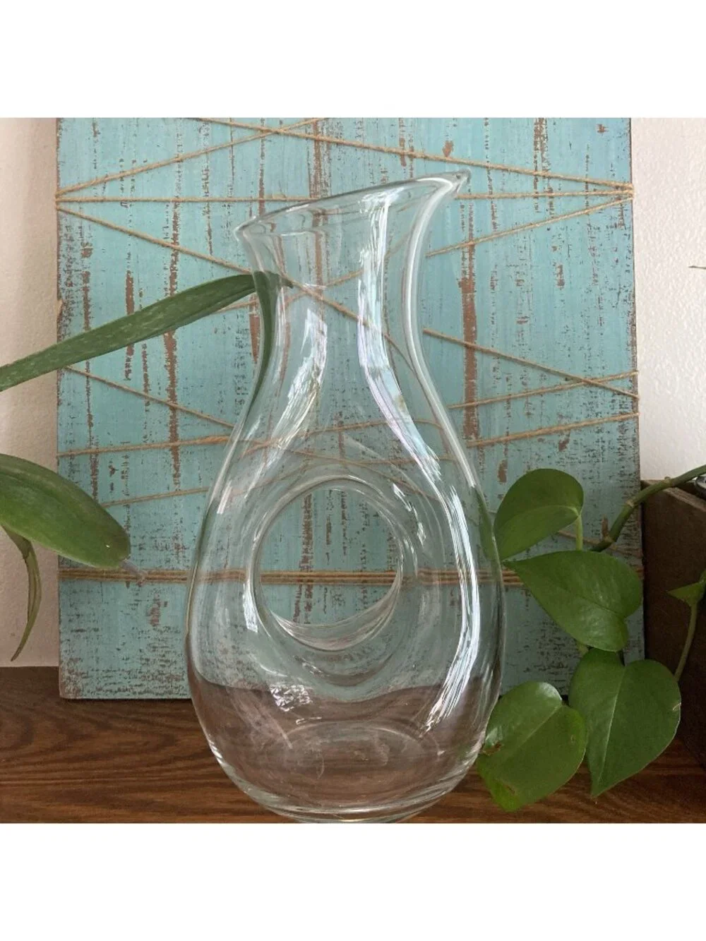 Vintage Donut Hole Hand Blown Clear Glass Wine Decanter Pitcher Poland